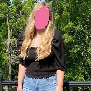 Size Large Black Ruched Puff Sleeves Women's H&M Top